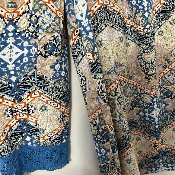 XHILARATION Blue Multi Pattern Peasant Lace Trim Dress with Bell Sleeves Size M - Picture 2 of 8